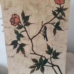 Vintage Original Chinese Pink Batik Painting Birds Botanical Design